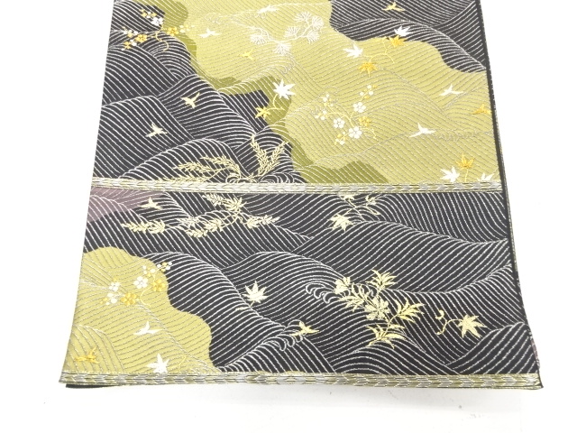  誉田屋源兵衛　小石丸　純金　荒波に花鳥模様織り出し　袋帯